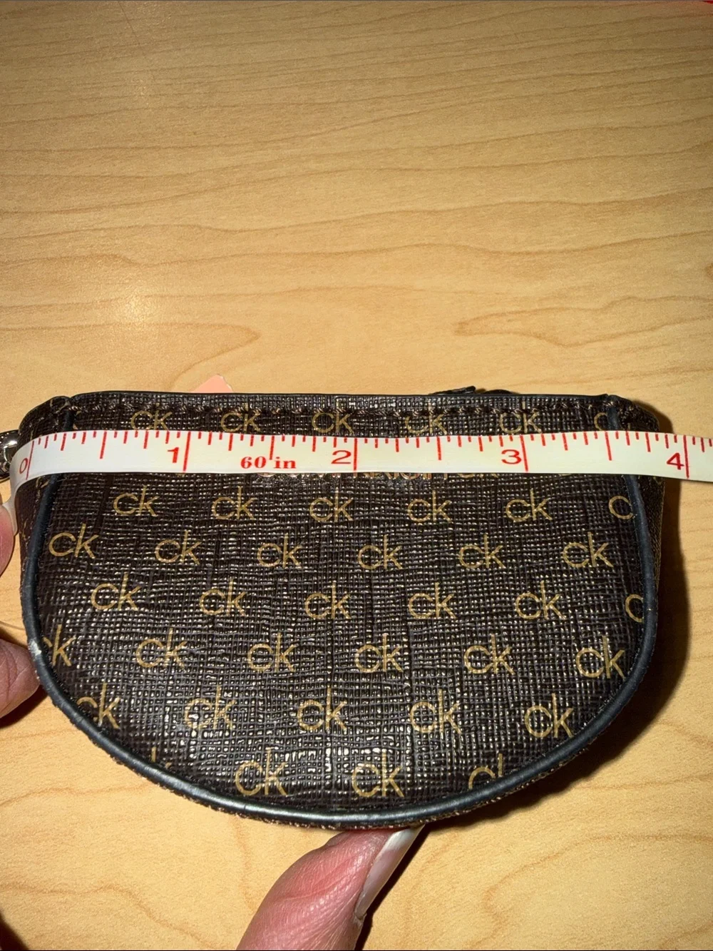 Calvin Klein Brown Logo Zip Key Pouch with Silver Hardware